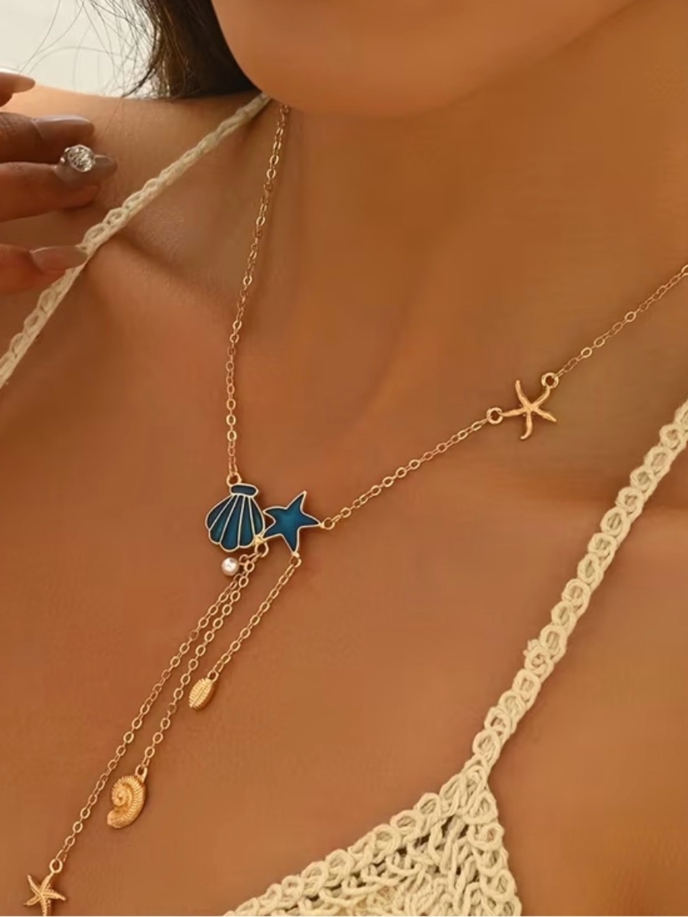 Gold-Tone Layered Necklace with Blue Shell & Star Charms
